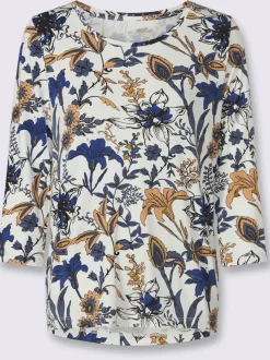 T-shirt floral à encolure ronde et manches 3/4