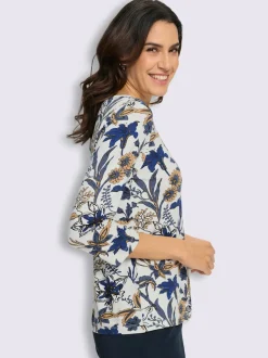 T-shirt floral à encolure ronde et manches 3/4