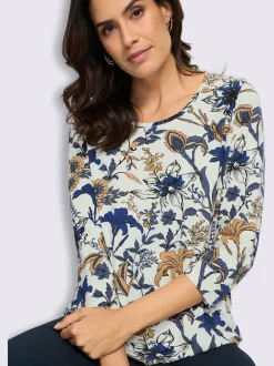 T-shirt floral à encolure ronde et manches 3/4