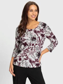 T-shirt floral à encolure ronde et manches 3/4