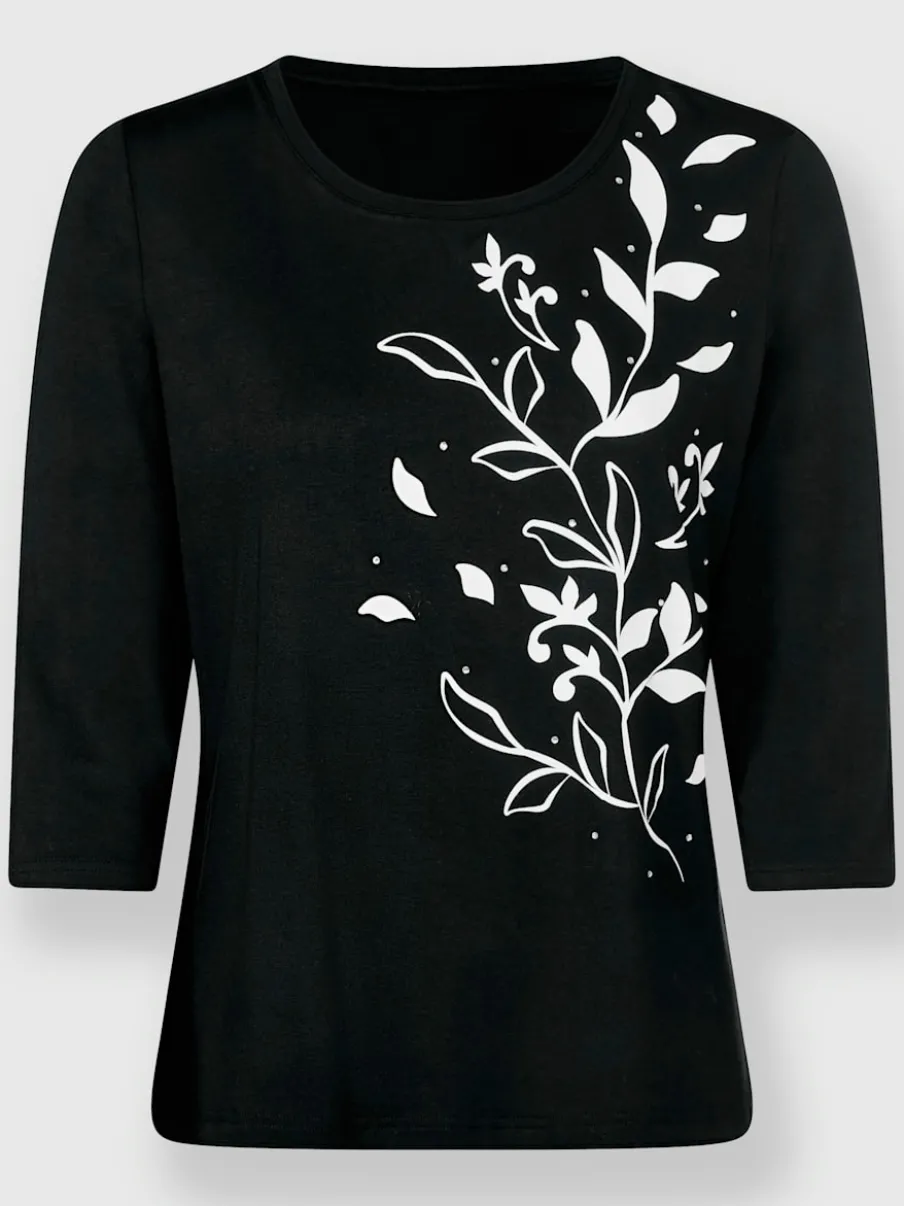 T-shirt fluide imprimé floral avec pierres brillantes devant