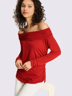 T-shirt féminin avec encolure carmen fronces et manches longues