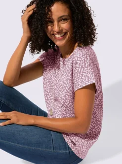 T-shirt imprimé à encolure passepoilée et mancherons décontractés