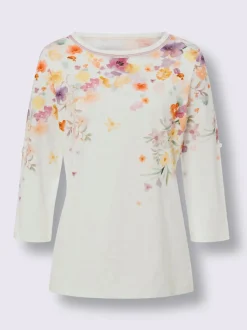 T-shirt imprimé floral avec col rond et manches retroussables