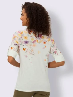 T-shirt imprimé floral avec col rond et manches retroussables