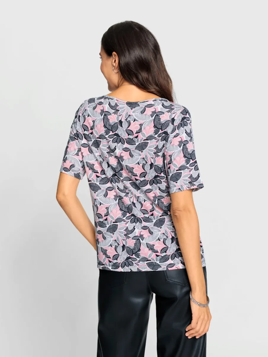 T-shirt imprimé motif feuilles encolure U manches mi-longues