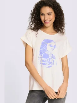 T-shirt imprimé visage moderne avec pierres brillantes encolure ronde