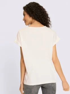 T-shirt imprimé visage moderne avec pierres brillantes encolure ronde