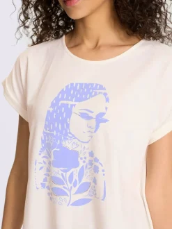 T-shirt imprimé visage moderne avec pierres brillantes encolure ronde