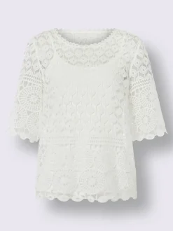 T-shirt léger en dentelle avec col rond et manches trompette