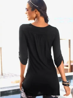 T-shirt long avec bordure dentelle et manches 3/4