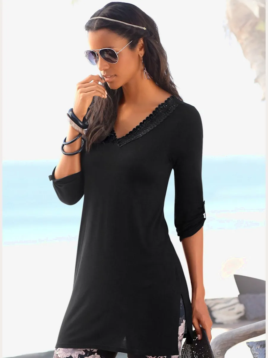 T-shirt long avec bordure dentelle et manches 3/4