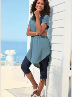 T-shirt long à encolure en V avec finition bordée