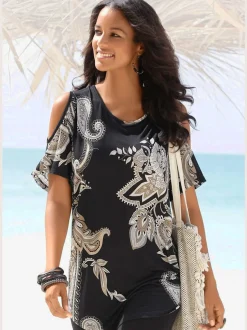 T-shirt long encolure ronde avec découpes aux épaules et imprimé floral
