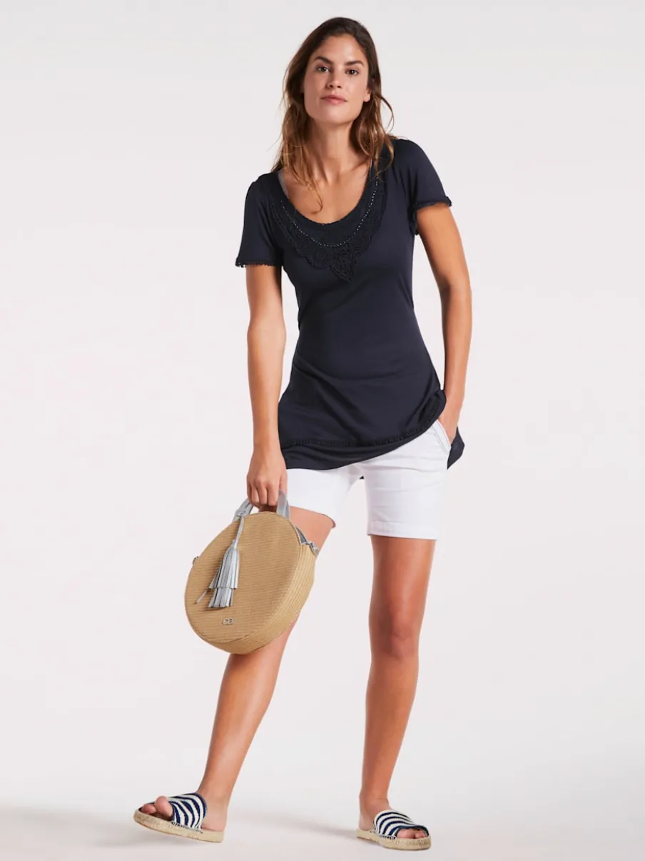 T-shirt long à l'encolure ronde et détails en dentelle