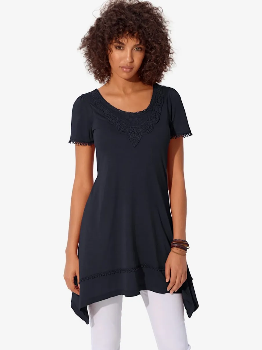 T-shirt long à l'encolure ronde et détails en dentelle