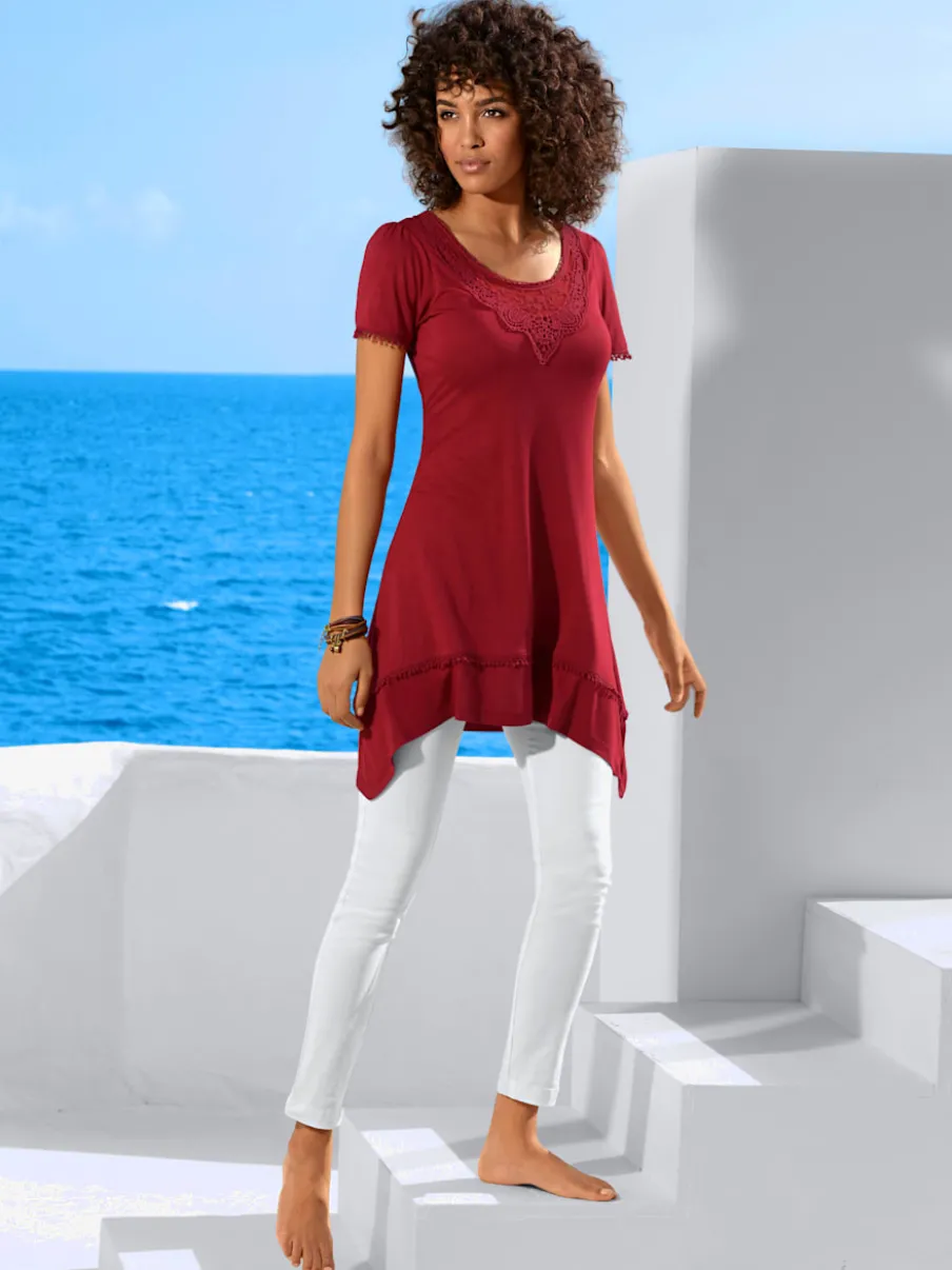 T-shirt long à l'encolure ronde et détails en dentelle
