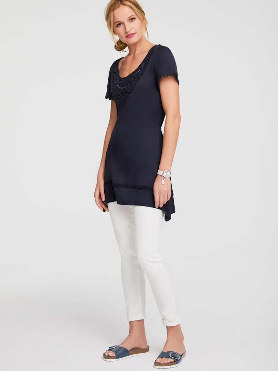 T-shirt long à l'encolure ronde et détails en dentelle