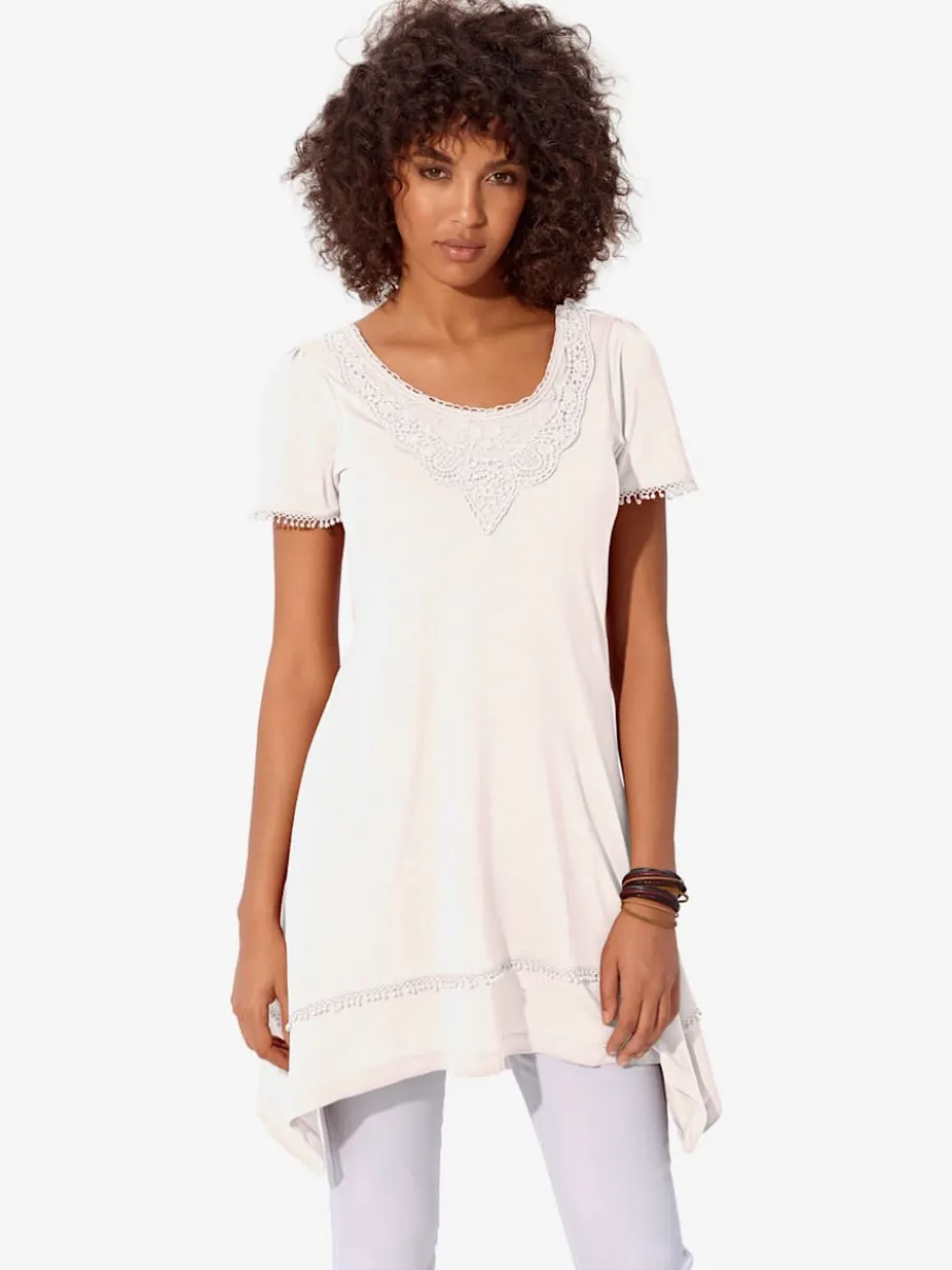 T-shirt long à l'encolure ronde et détails en dentelle