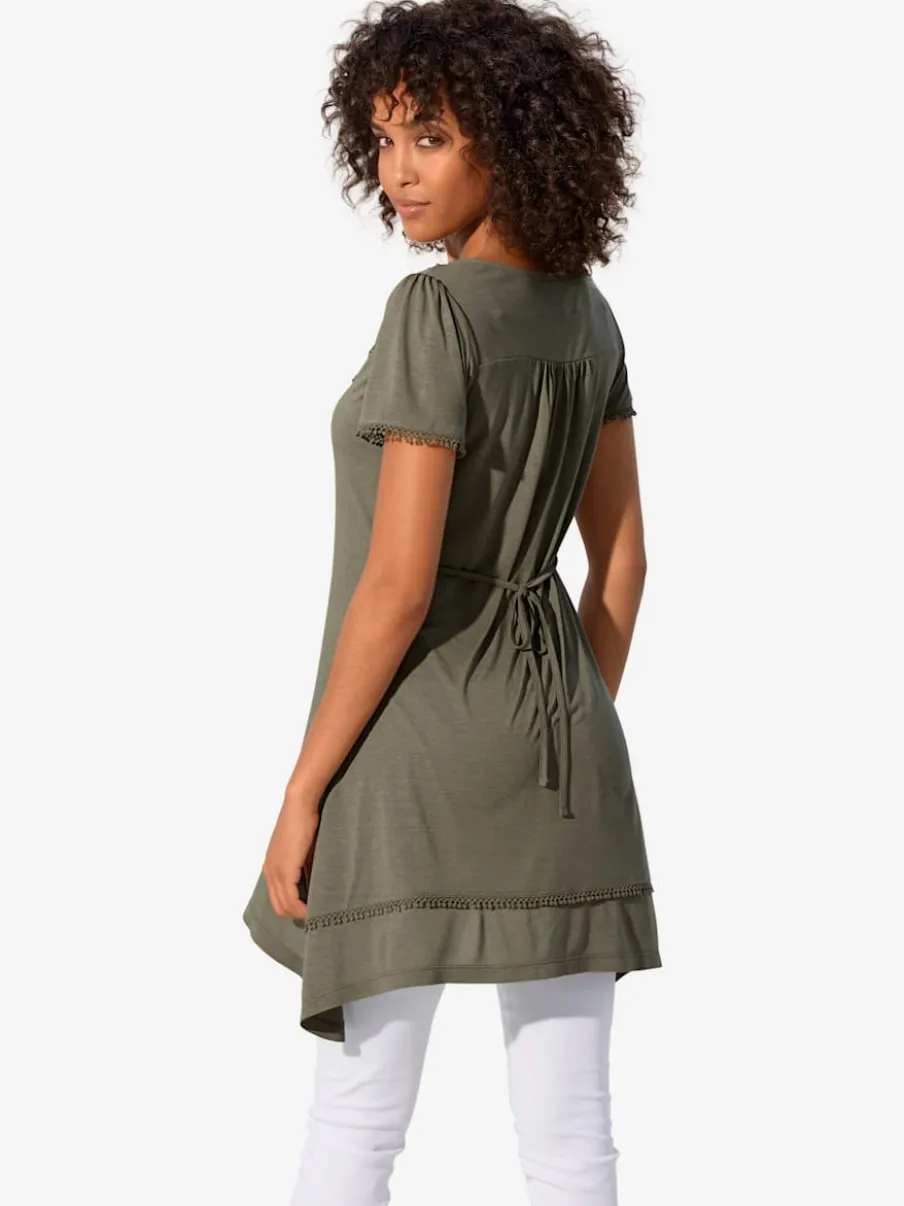 T-shirt long à l'encolure ronde et détails en dentelle