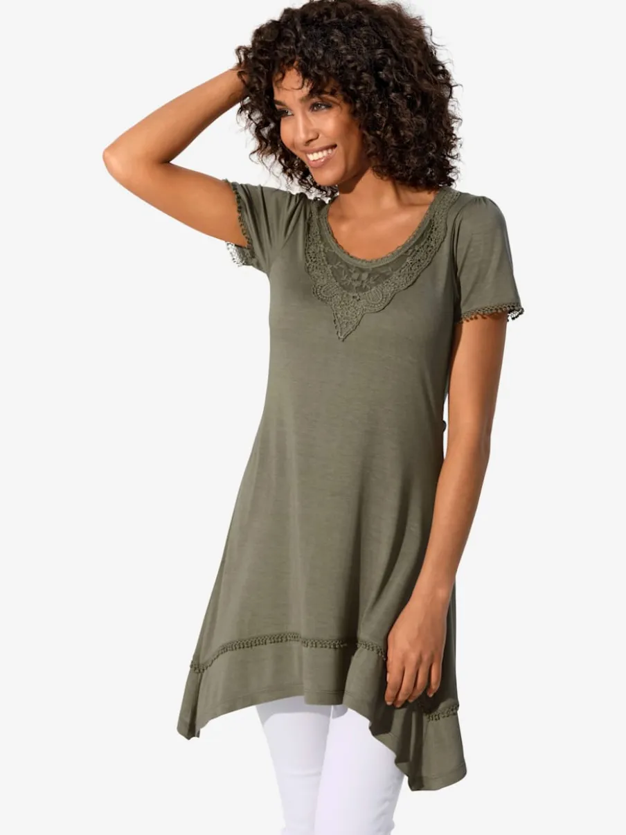 T-shirt long à l'encolure ronde et détails en dentelle