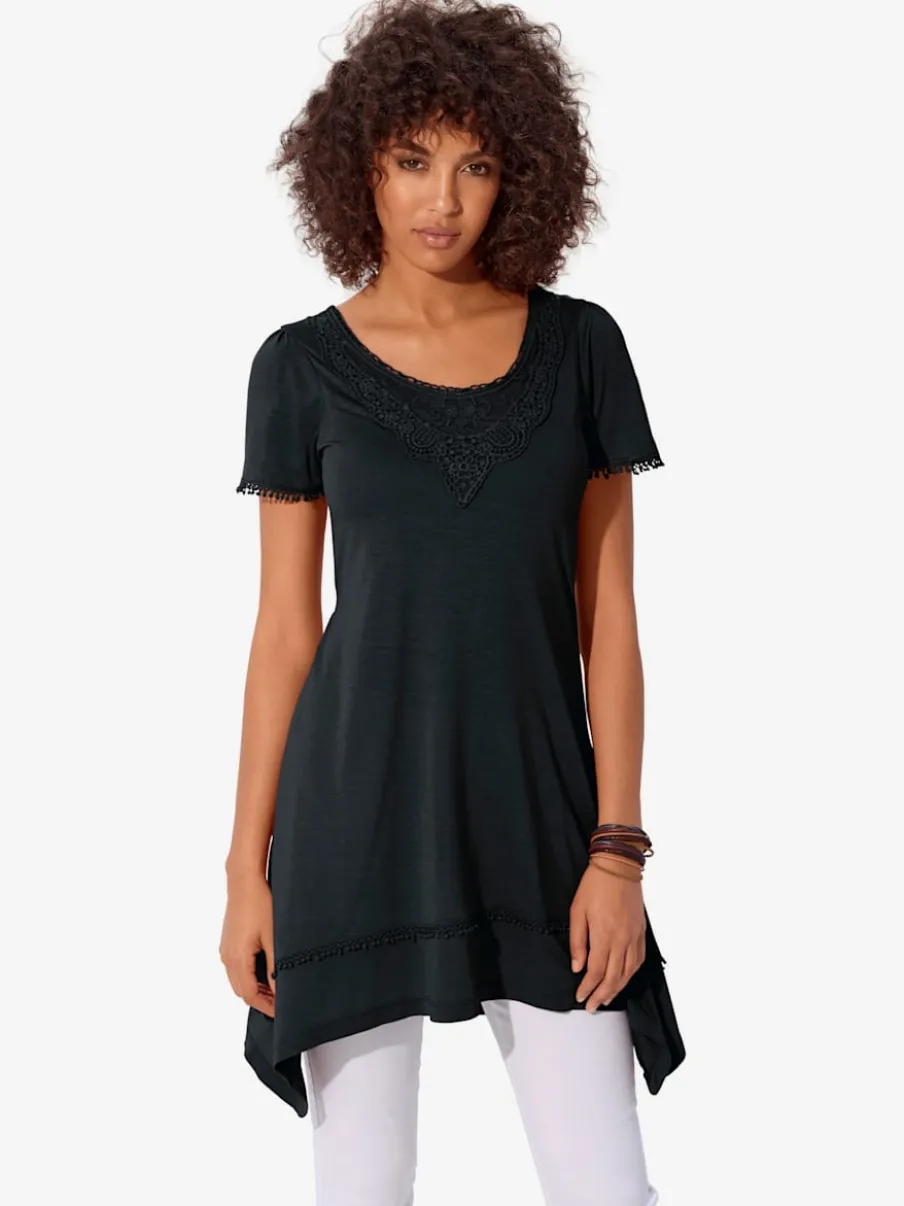 T-shirt long à l'encolure ronde et détails en dentelle