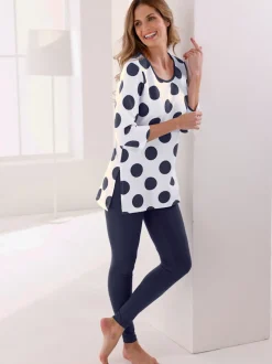 T-shirt long à pois avec encolure ronde et manches three quarter