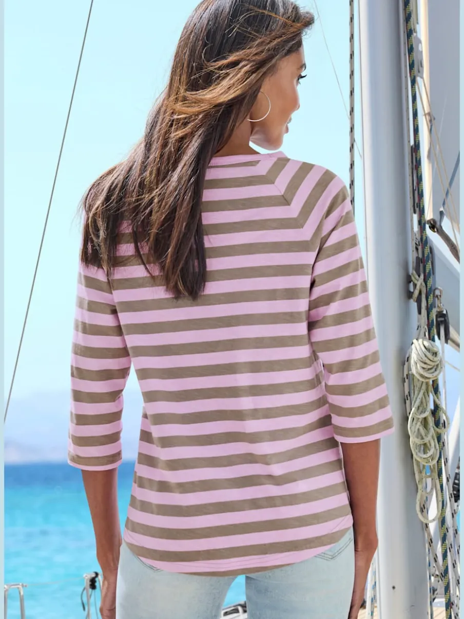 T-shirt à manches 3/4 avec encolure ronde et rayures marinières