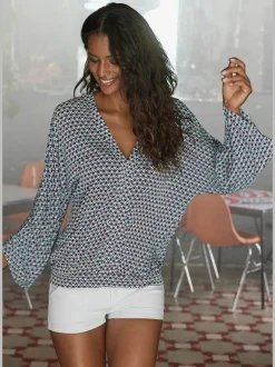 T-shirt à manches 3/4 avec encolure en V et motifs géométriques