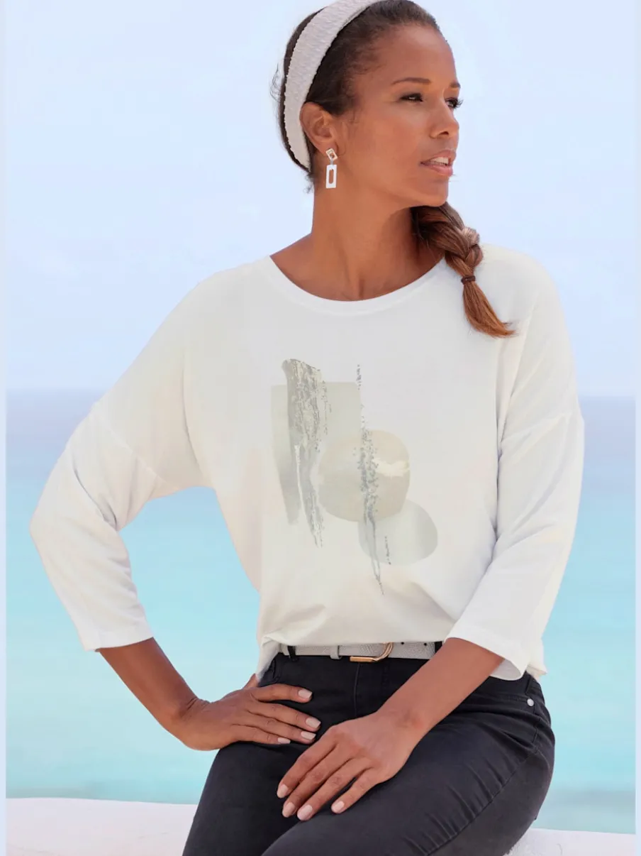 T-shirt à manches 3/4 avec imprimé feuille en viscose douce
