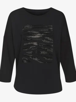 T-shirt à manches 3/4 avec motif en strass et ourlet arrondi