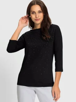 T-shirt à manches 3/4 avec pierres brillantes devant
