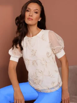 T-shirt à manches courtes avec broderies et maille transparente