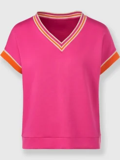 T-shirt à manches courtes avec col V et bordures côtelées contrastées