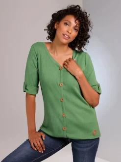 T-shirt à manches courtes avec col V et bouton décoratif