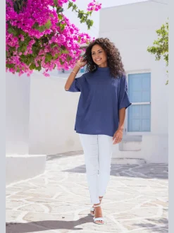 T-shirt à manches courtes avec col montant en crêpe structurée