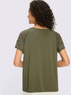 T-shirt à manches courtes avec dentelle et fronces à l'encolure
