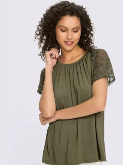 T-shirt à manches courtes avec dentelle et fronces à l'encolure