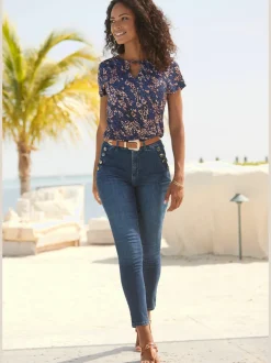 T-shirt à manches courtes avec découpe à l'encolure et motif floral