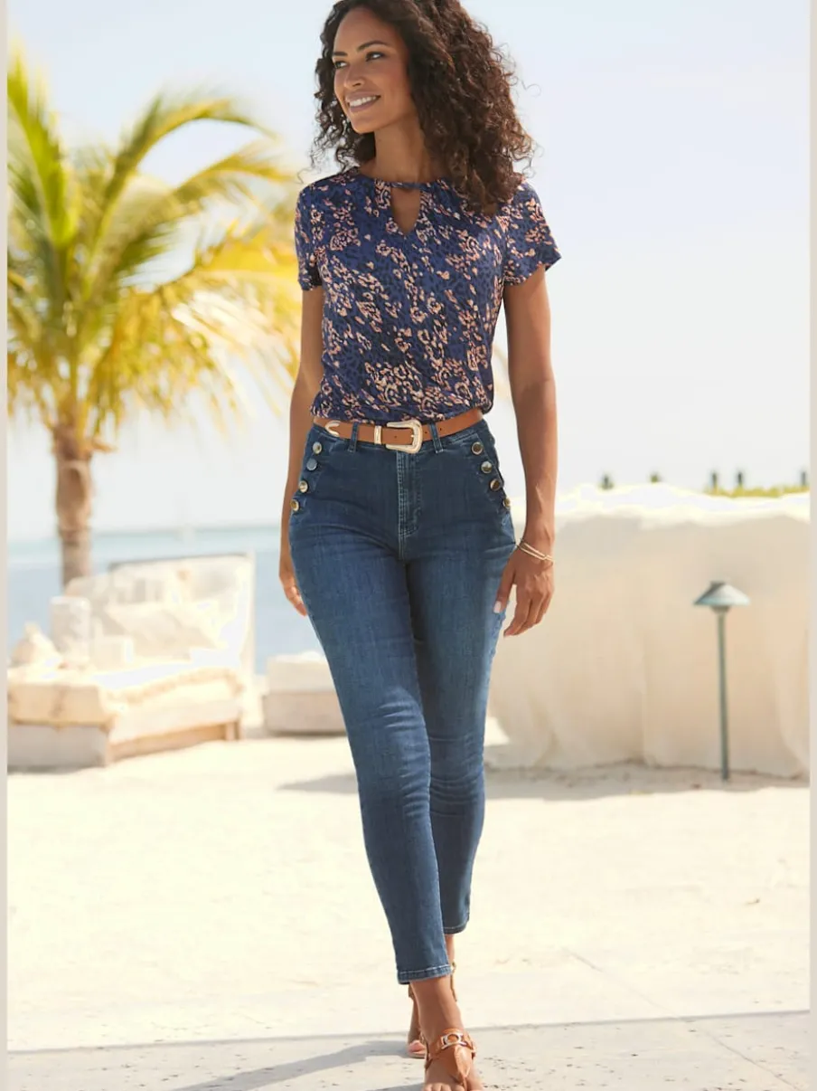 T-shirt à manches courtes avec découpe à l'encolure et motif floral