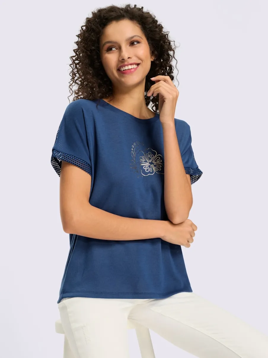 T-shirt à manches courtes avec empiècements en résille et motif floral