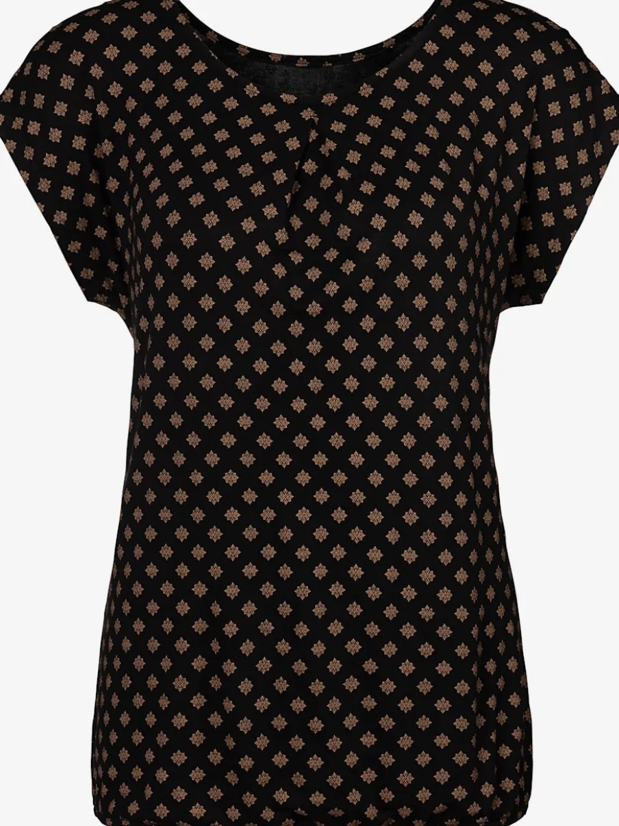 T-shirt à manches courtes avec empiècements plissés à l'encolure et motif géométrique