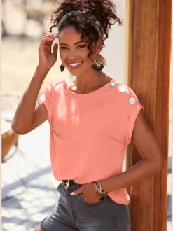 T-shirt à manches courtes avec encolure ronde et boutons décoratifs