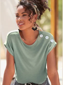T-shirt à manches courtes avec encolure ronde et boutons décoratifs