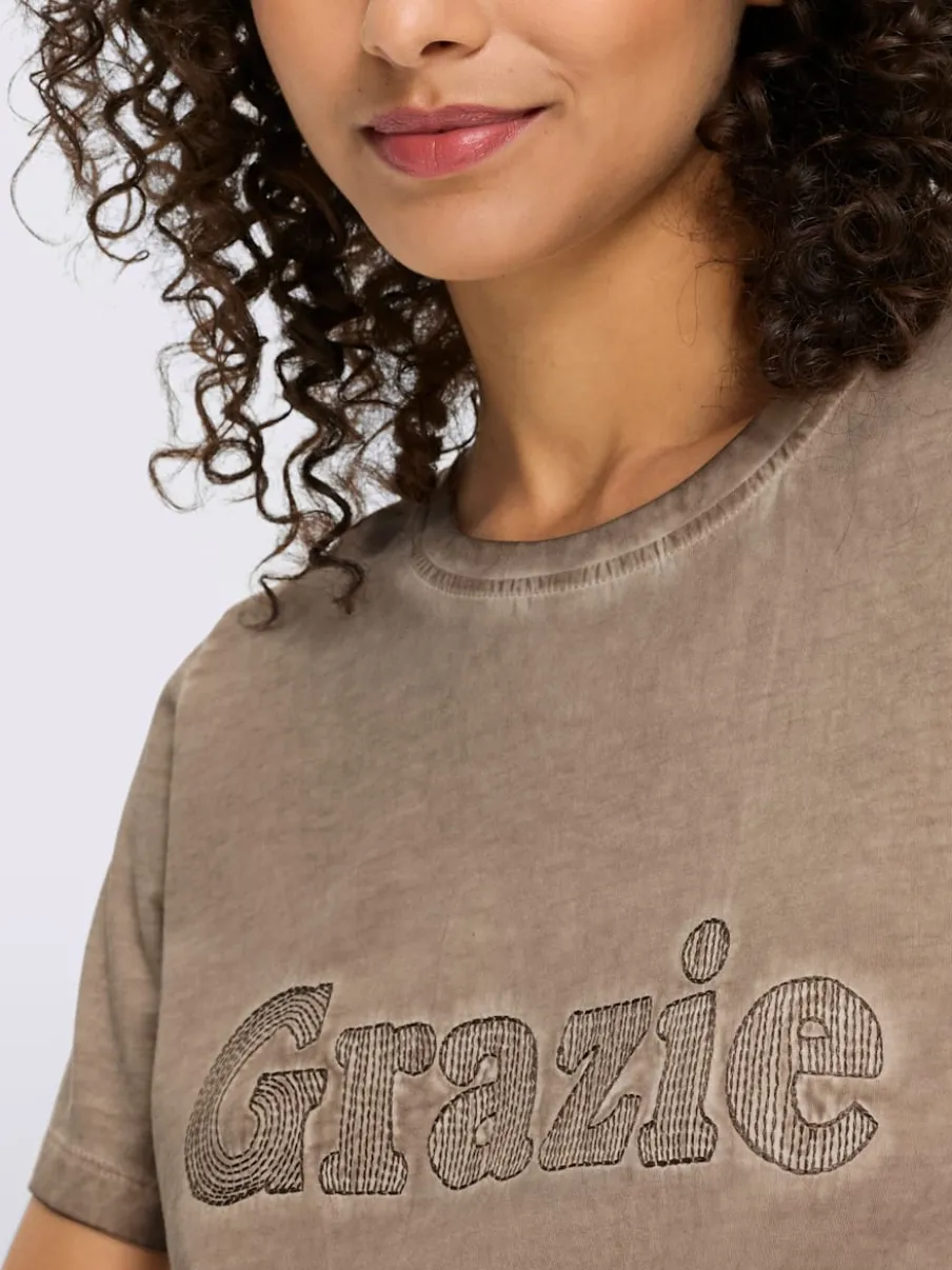 T-shirt à manches courtes avec inscription GRAZIE en coton doux