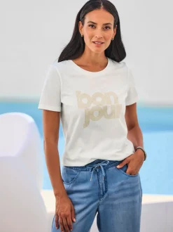 T-shirt à manches courtes avec inscription brillante encolure ronde