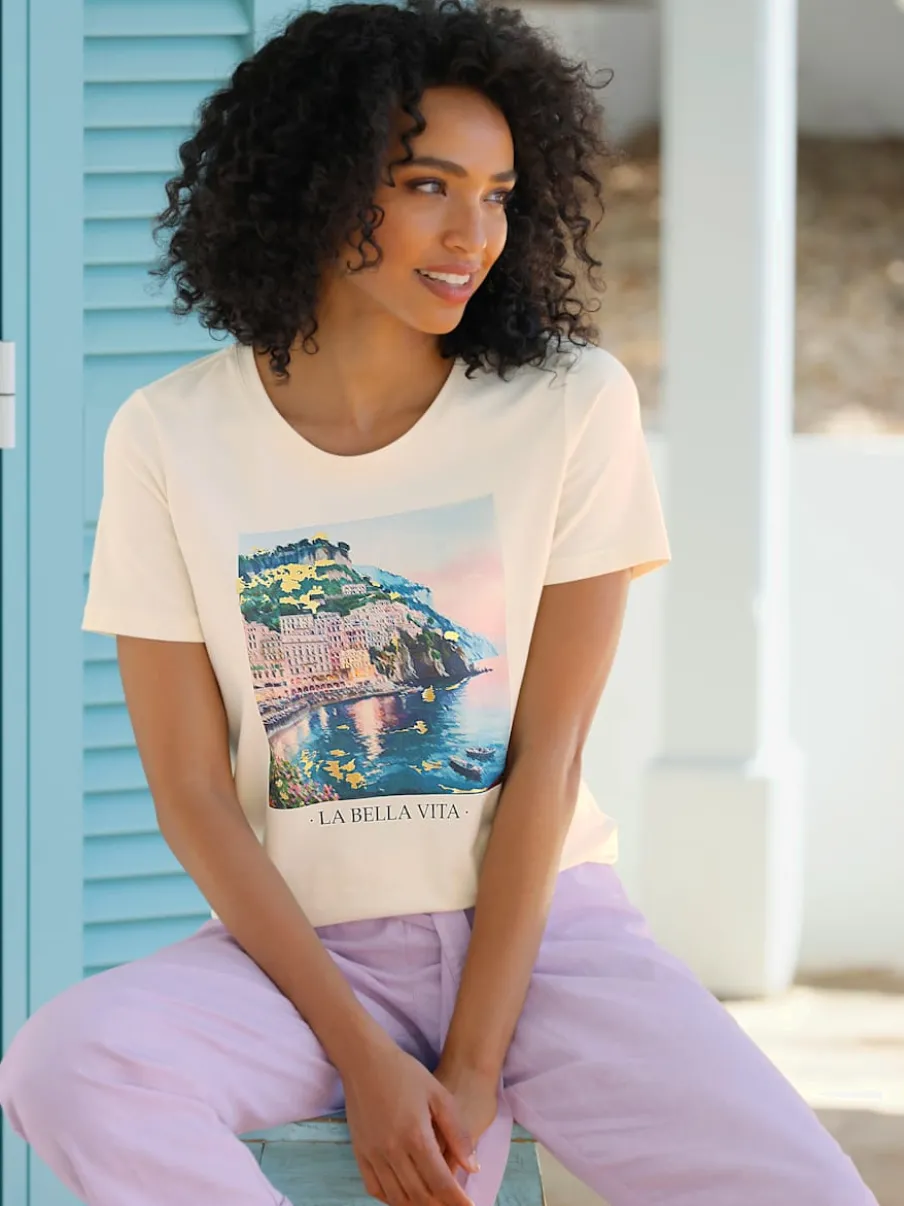 T-shirt à manches courtes avec imprimé paysage et inscription