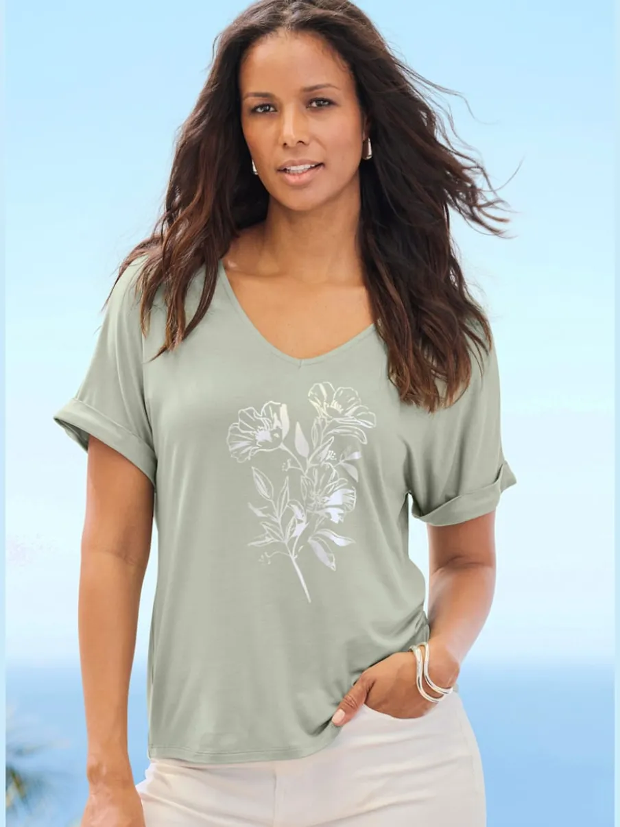 T-shirt à manches courtes avec imprimé feuille en viscose douce
