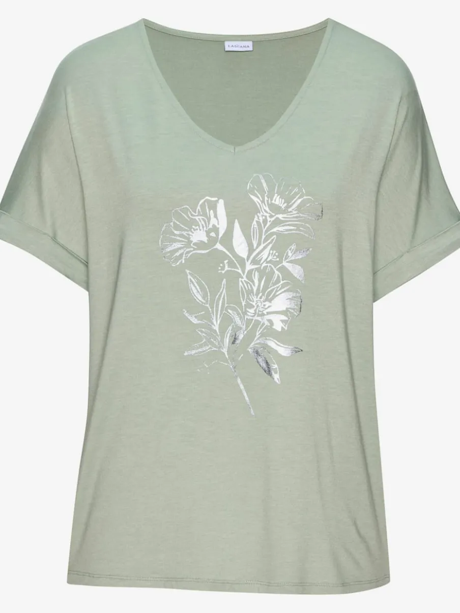 T-shirt à manches courtes avec imprimé feuille en viscose douce