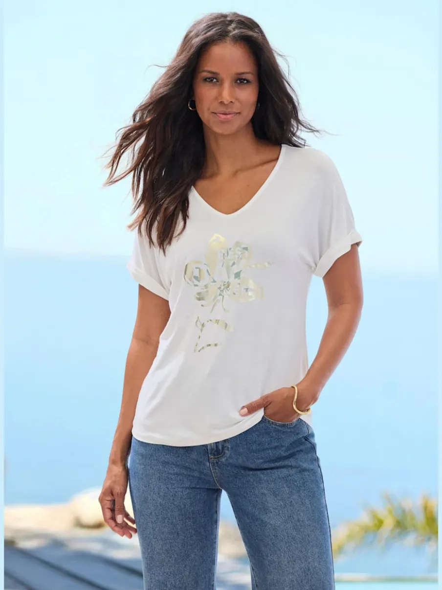 T-shirt à manches courtes avec imprimé feuille en viscose douce